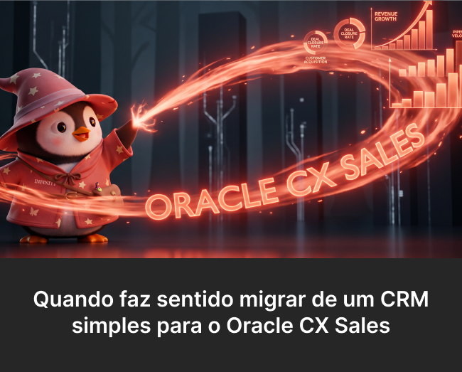 FORBIE MAGO soltando uma magia que traceja, enquanto é lançada, ‘’Oracle CX Sales’’ no ar e, em seu ponto final, cria gráficos crescentes de resultado representando o crescimento de uma operação empresarial quando é adotado o Oracle CX Sales.