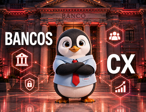 Forbie em frente a imagem gerada por IA que representa um banco. Palavras "bancos" e "CX" aparecem.